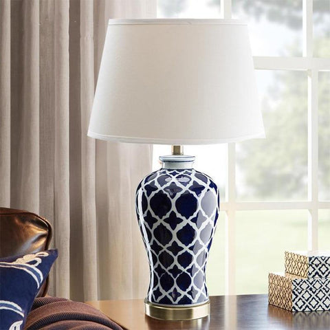 Lampe de table céramique motif bleu et blanc